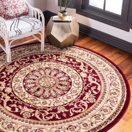 Burgundy and Ivory Round Rug