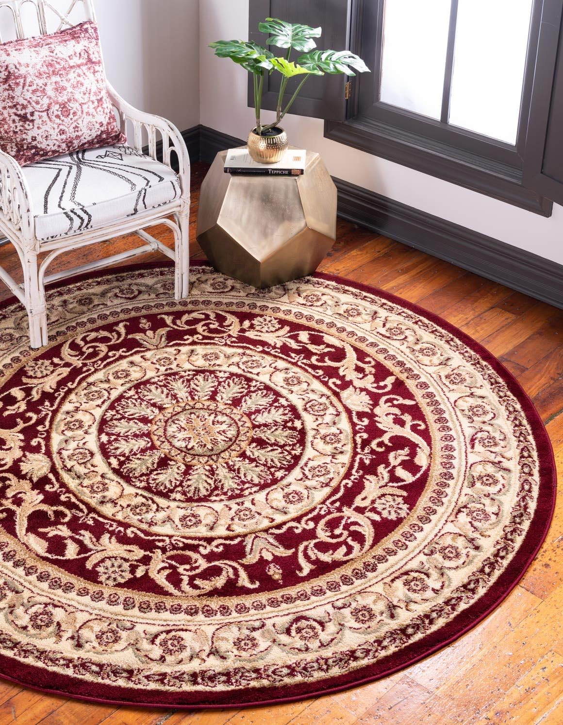 Burgundy and Ivory Round Rug