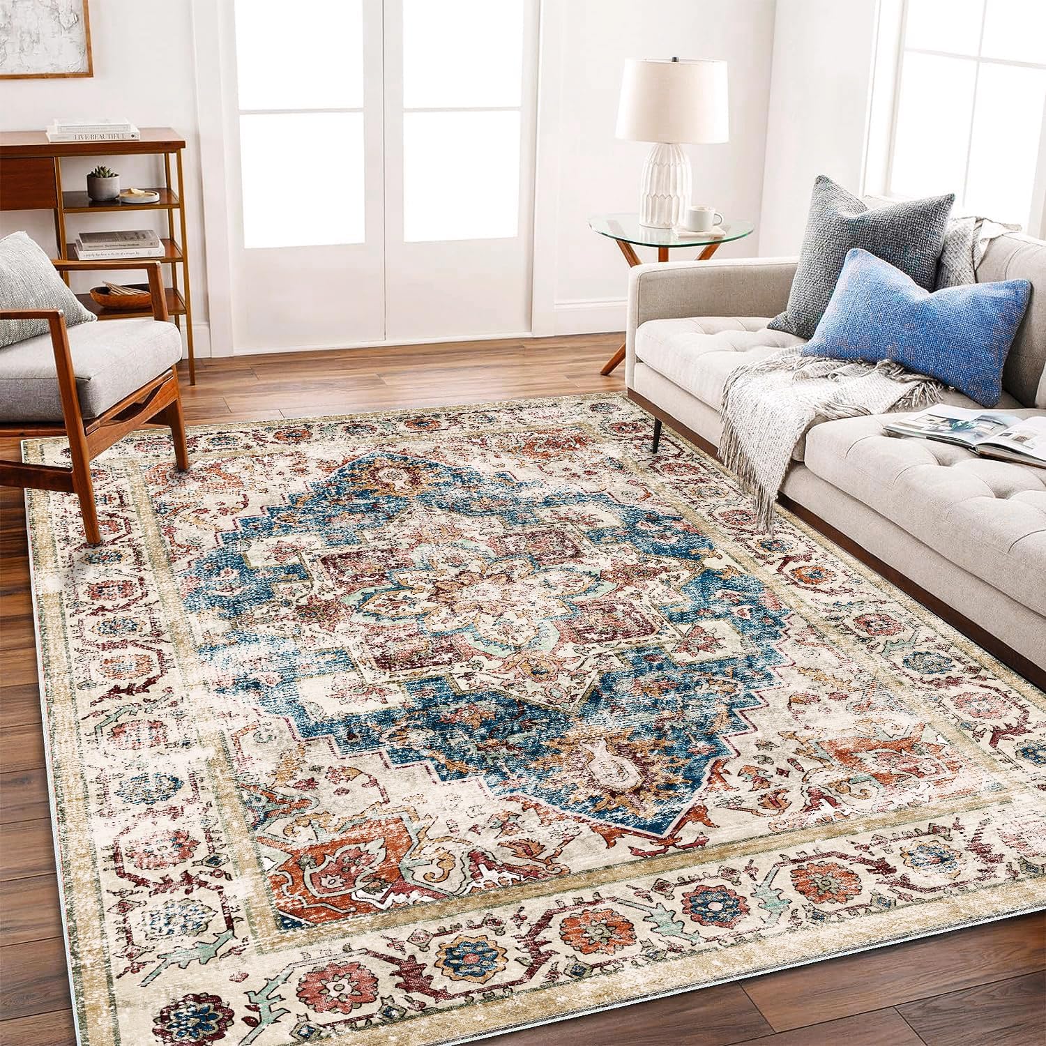 Beige and Blue Vintage-Style Rug - Image 2