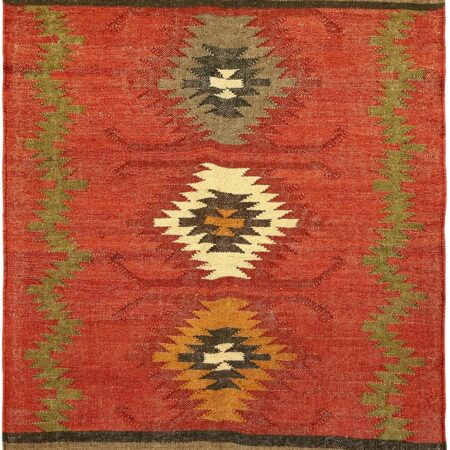 5x7 Area Rug Reversible  Rug Red Multicolor Wool & Jute Hand Woven Indoor Outdoor Use Flatweave Carpet High Traffic Area Lake House Bedroom Dining Room Living Room