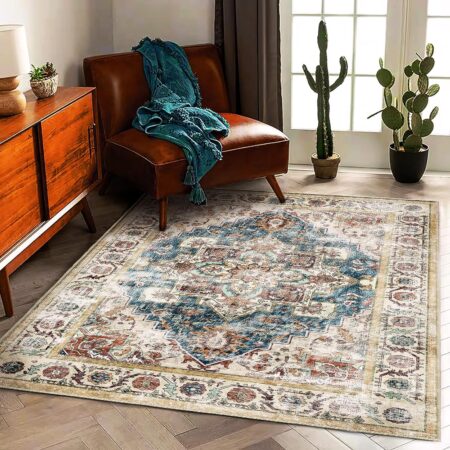 Beige and Blue Vintage-Style Rug