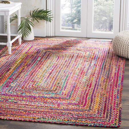 Area Rug - 5' x 8', Red & Multi, Handmade  Braided Jute & Cotton, Ideal for High Traffic Areas in Living Room, Bedroom