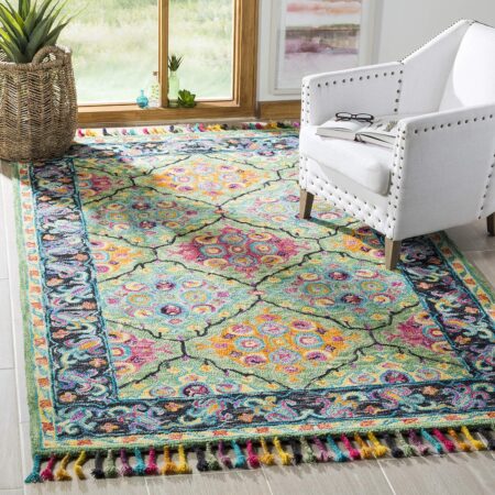 7' Square Light Green / Black  Handmade  Braided Tassel Wool Area Rug